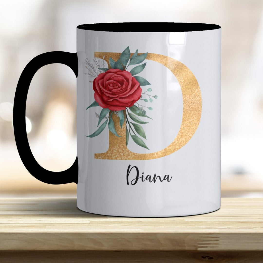 Personalisierte Initialen Tasse mit Name – Goldener Buchstabe mit Rose trendige Farben - all - yours24