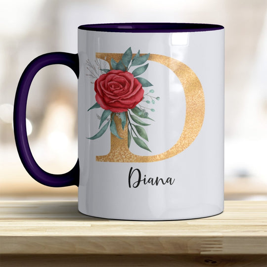 Personalisierte Initialen Tasse mit Name – Goldener Buchstabe mit Rose trendige Farben - all - yours24