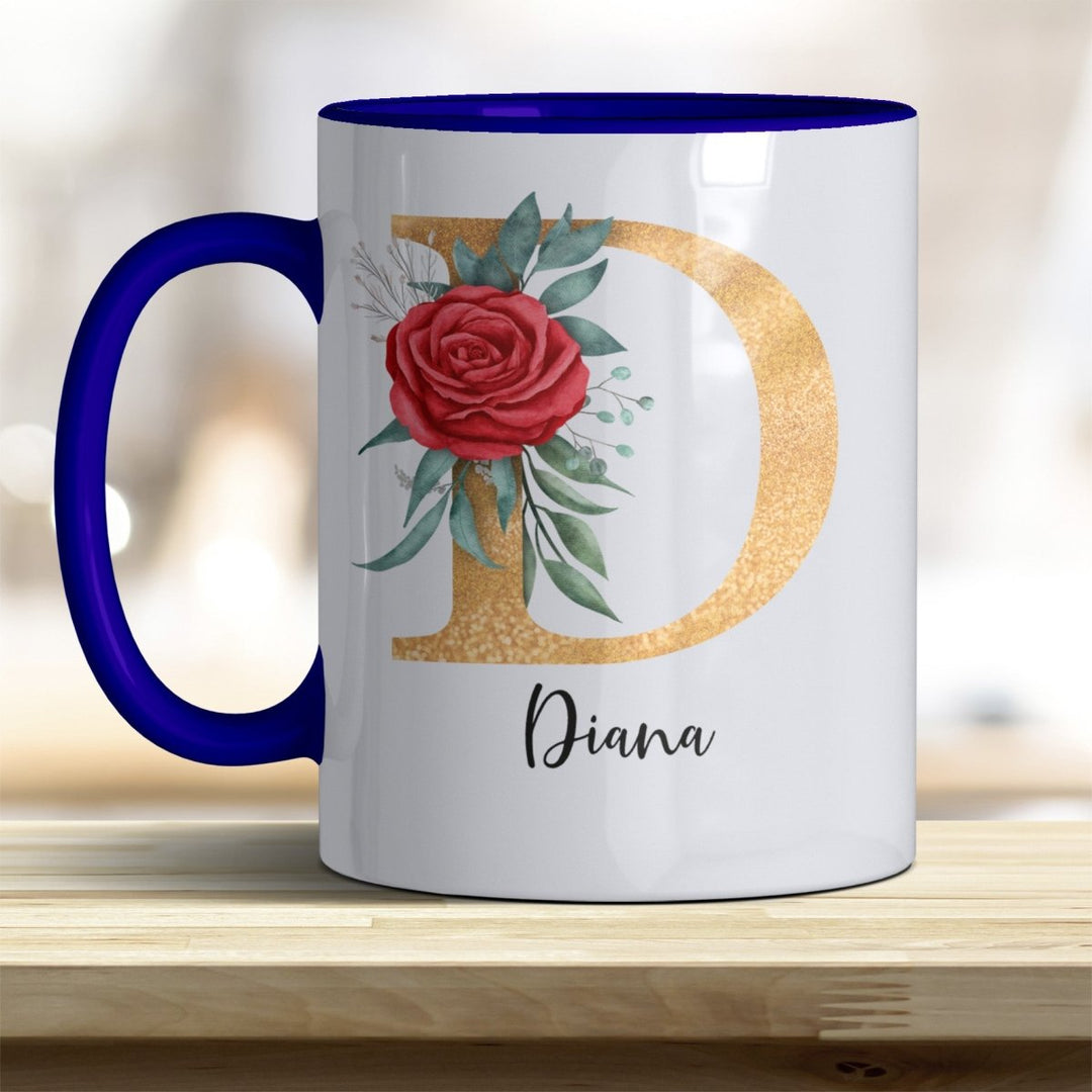 Personalisierte Initialen Tasse mit Name – Goldener Buchstabe mit Rose trendige Farben - all - yours24