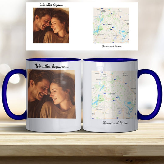Personalisierte Tasse Wo alles begann – mit Foto, Karte & Namen - all - yours24
