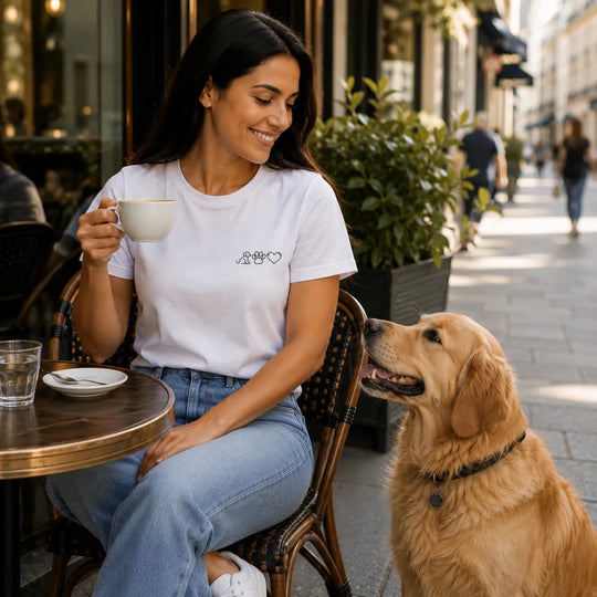 Personalisiertes Hunde T-Shirt in Weiß mit Hund-Pfote-Herz Icon und Namen