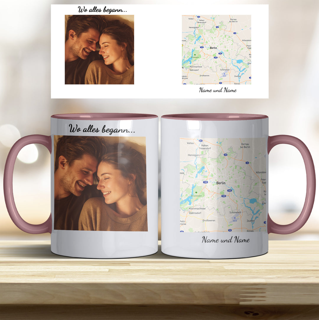 Personalisierte Tasse Wo alles begann – mit Foto, Karte & Namen