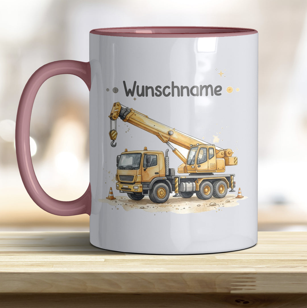 Kindertasse Kran personalisierbar mit Namen in verschiedenen Farben