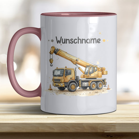 Kindertasse Kran personalisierbar mit Namen in verschiedenen Farben