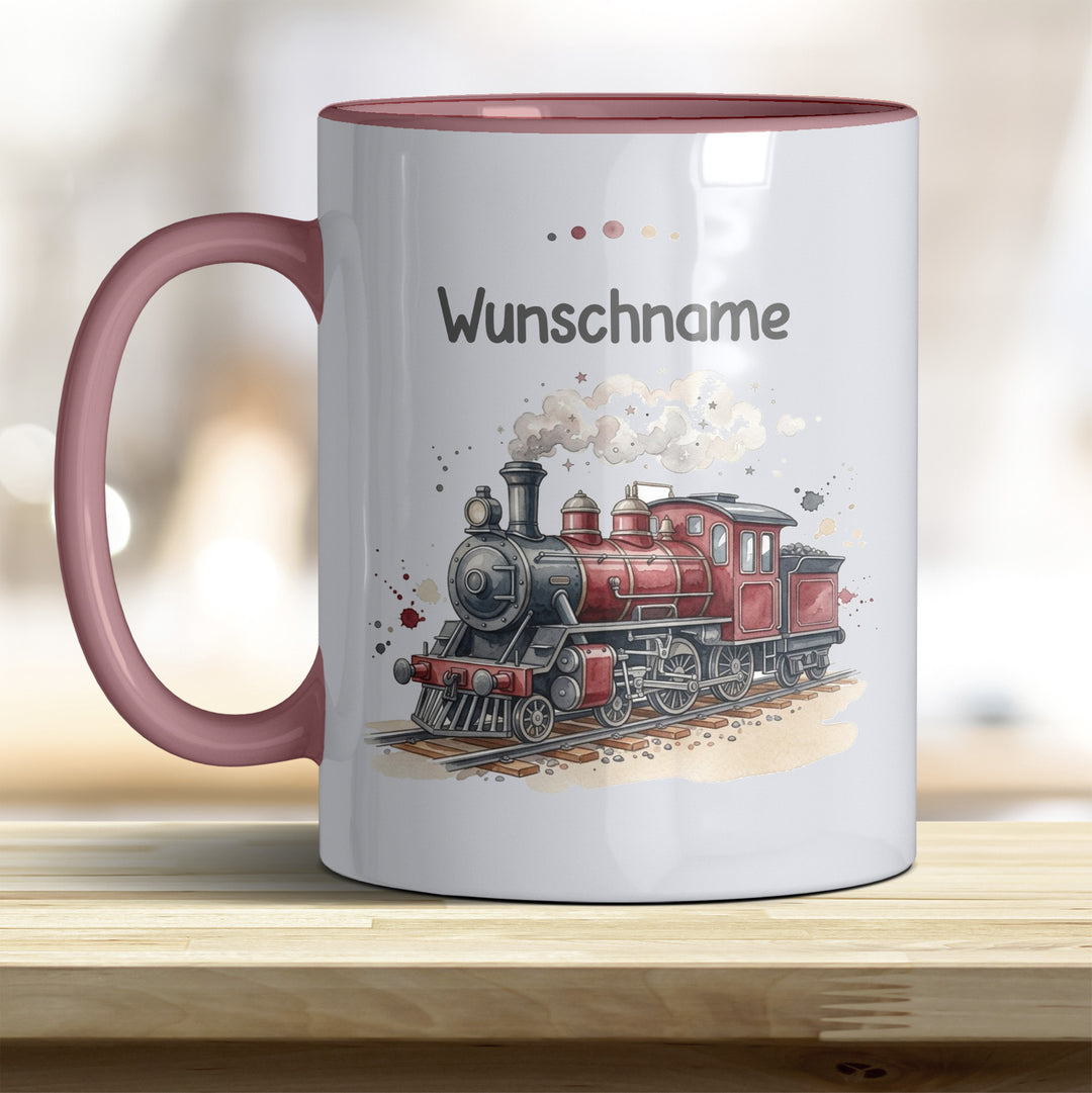 Kindertasse Dampflok personalisierbar mit Namen in verschiedenen Farben
