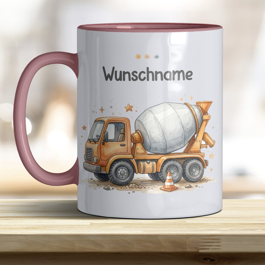 Kindertasse Betonmischer personalisierbar mit Namen in verschiedenen Farben