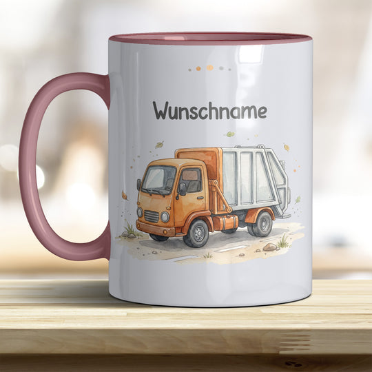 Kindertasse Müllauto personalisierbar mit Namen in verschiedenen Farben