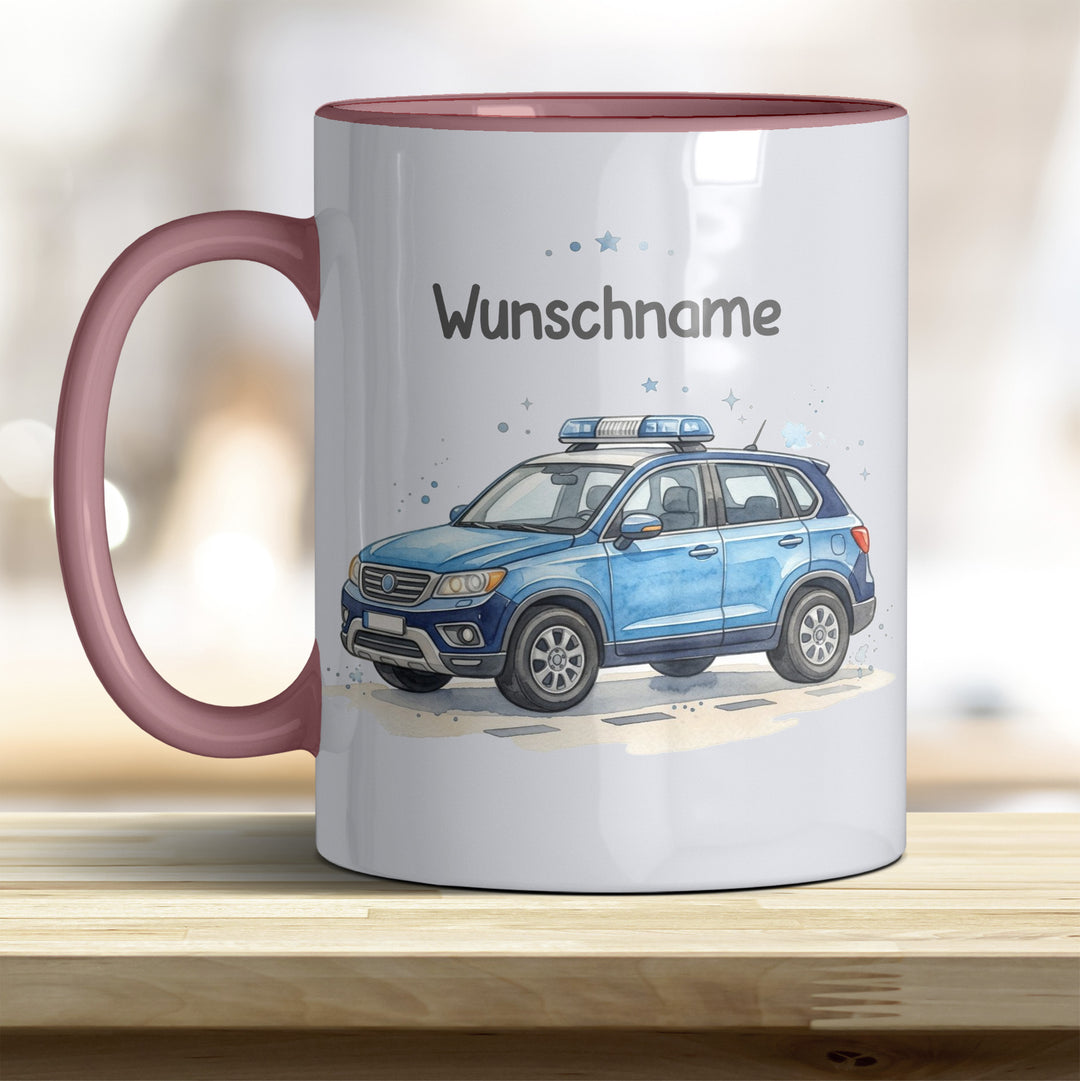 Kindertasse Polizeiauto personalisierbar mit Namen in verschiedenen Farben