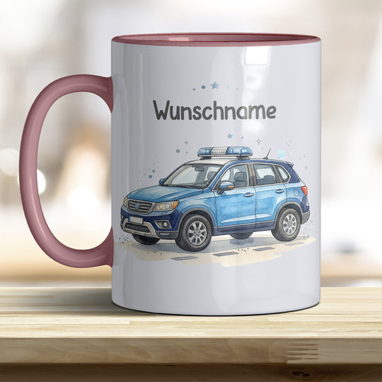Kindertasse Polizeiauto personalisierbar mit Namen in verschiedenen Farben