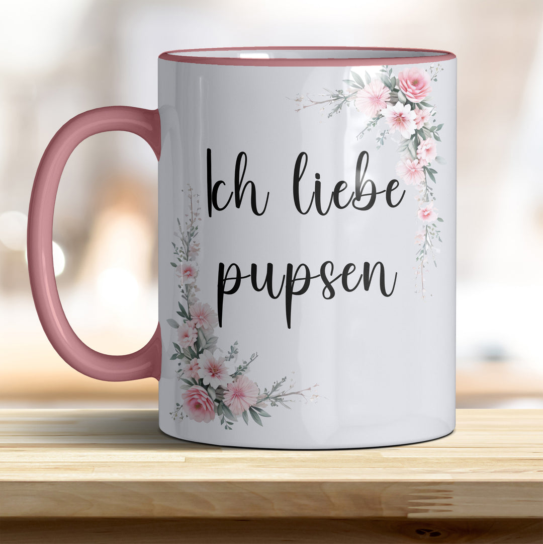 Ich liebe pupsen: Keramik-Kaffeebecher – Humorvoll & Hochwertig - Henkel Rand rosa