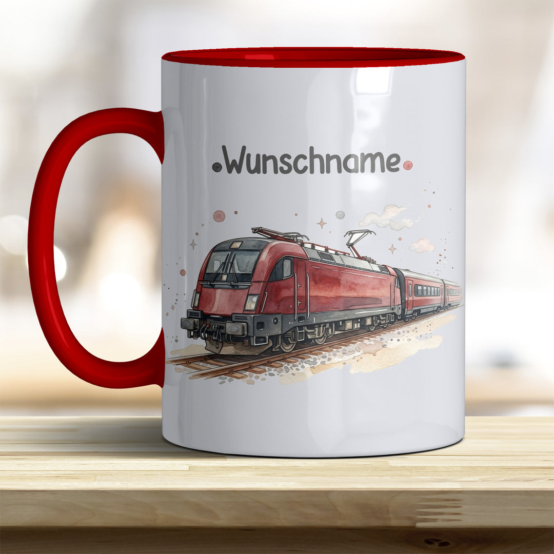Kindertasse Zug personalisierbar mit Namen in verschiedenen Farben