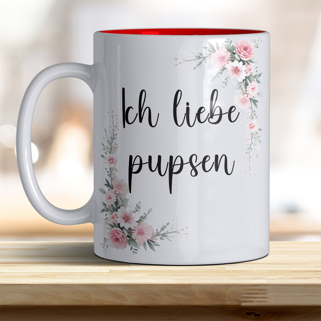 Ich liebe pupsen: Keramik-Kaffeebecher – Humorvoll & Hochwertig - Innen rot