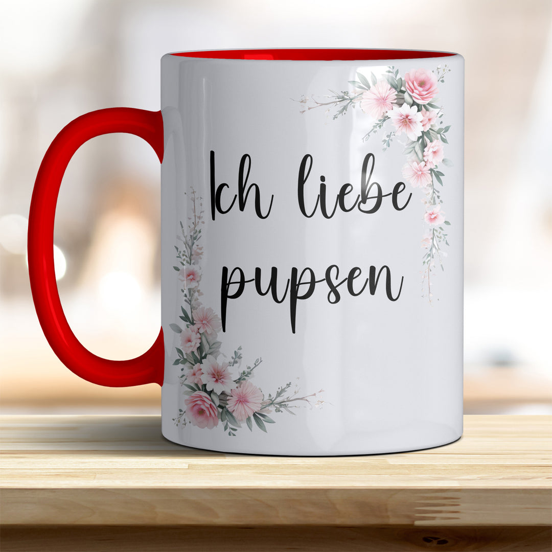 Ich liebe pupsen: Keramik-Kaffeebecher – Humorvoll & Hochwertig - Henkel Innen rot