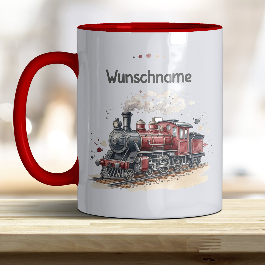 Kindertasse Dampflok personalisierbar mit Namen in verschiedenen Farben