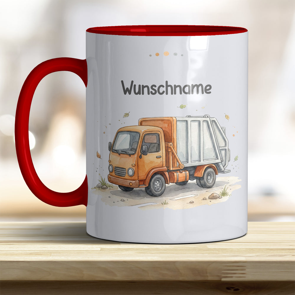 Kindertasse Müllauto personalisierbar mit Namen in verschiedenen Farben