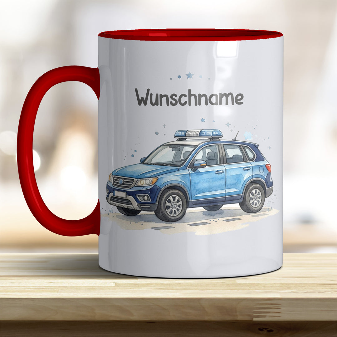 Kindertasse Polizeiauto personalisierbar mit Namen in verschiedenen Farben