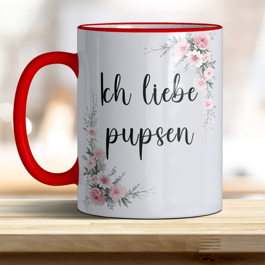 Ich liebe pupsen: Keramik-Kaffeebecher – Humorvoll & Hochwertig - Henkel Rand rot
