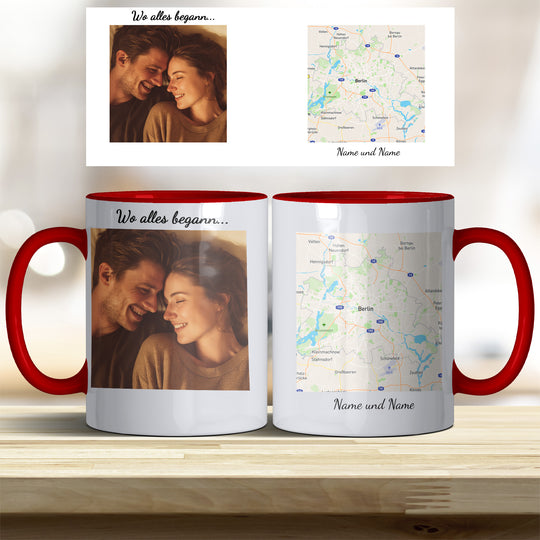 Personalisierte Tasse Wo alles begann – mit Foto, Karte & Namen