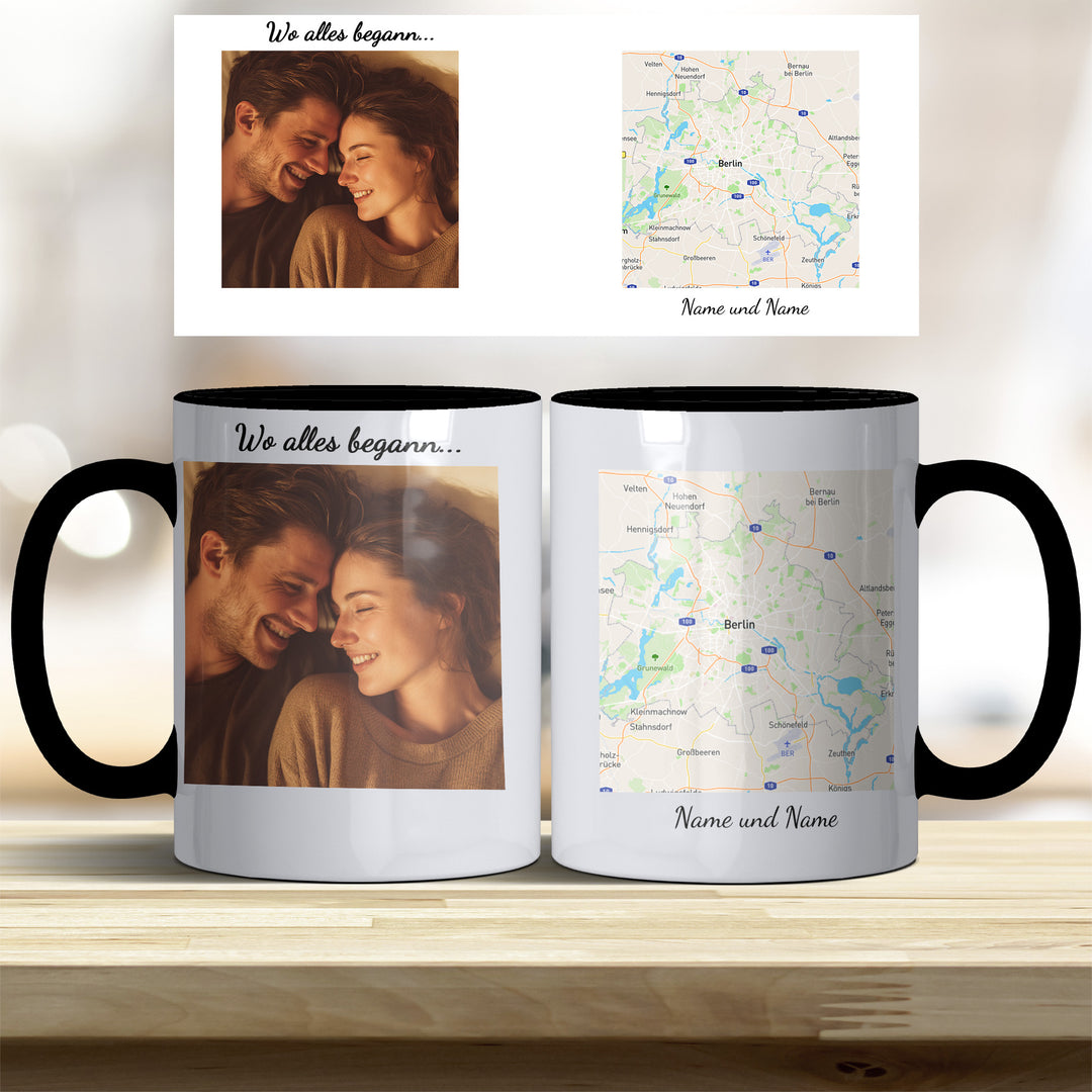 Personalisierte Tasse Wo alles begann – mit Foto, Karte & Namen