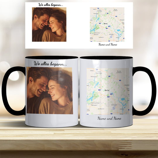 Personalisierte Tasse Wo alles begann – mit Foto, Karte & Namen