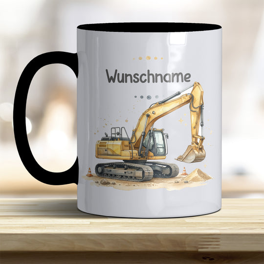 Kindertasse Bagger personalisierbar mit Namen in verschiedenen Farben