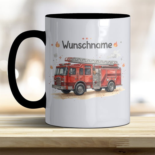 Kindertasse Feuerwehrauto personalisierbar mit Namen in verschiedenen Farben