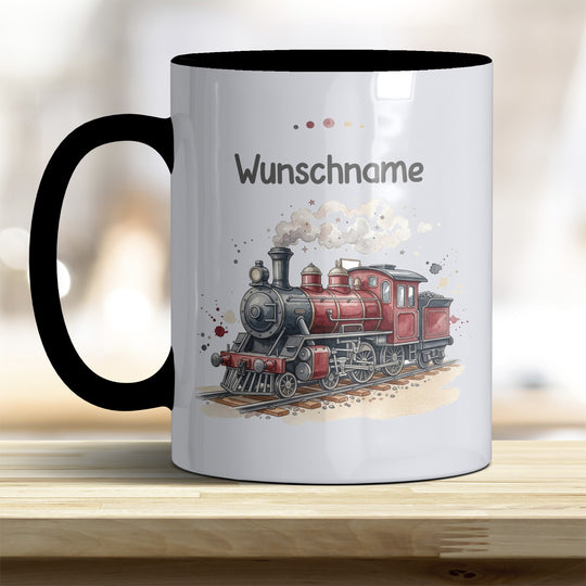 Kindertasse Dampflok personalisierbar mit Namen in verschiedenen Farben