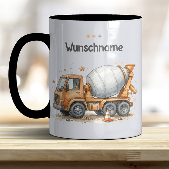 Kindertasse Betonmischer personalisierbar mit Namen in verschiedenen Farben