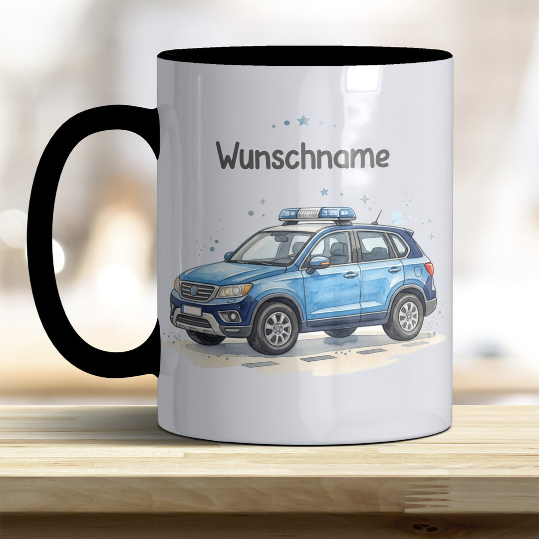 Kindertasse Polizeiauto personalisierbar mit Namen in verschiedenen Farben