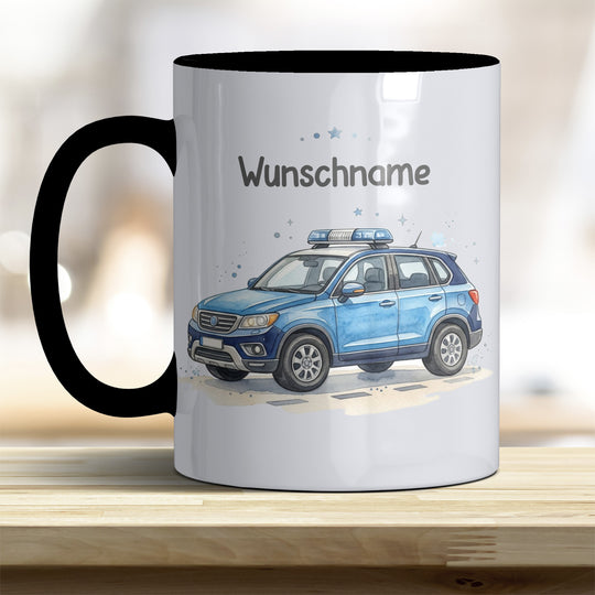 Kindertasse Polizeiauto personalisierbar mit Namen in verschiedenen Farben