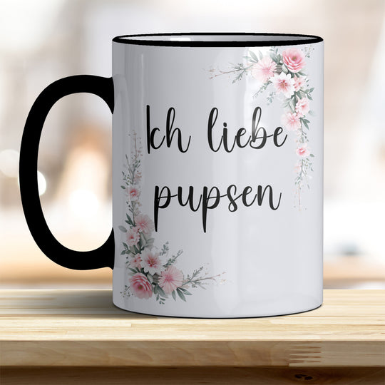 Ich liebe pupsen: Keramik-Kaffeebecher – Humorvoll & Hochwertig - Henkel Rand schwarz