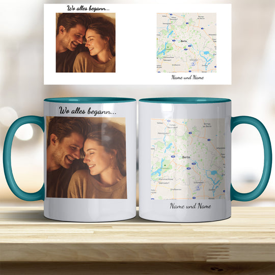 Personalisierte Tasse Wo alles begann – mit Foto, Karte & Namen