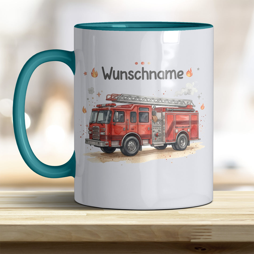 Kindertasse Feuerwehrauto personalisierbar mit Namen in verschiedenen Farben