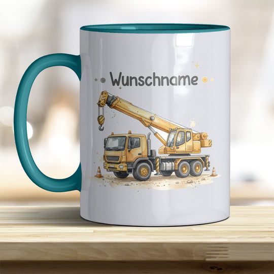 Kindertasse Kran personalisierbar mit Namen in verschiedenen Farben