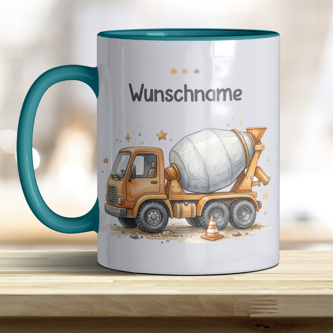 Kindertasse Betonmischer personalisierbar mit Namen in verschiedenen Farben