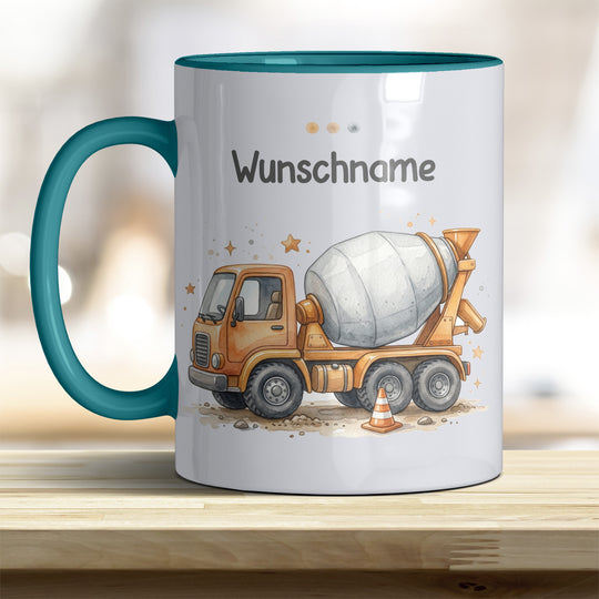 Kindertasse Betonmischer personalisierbar mit Namen in verschiedenen Farben