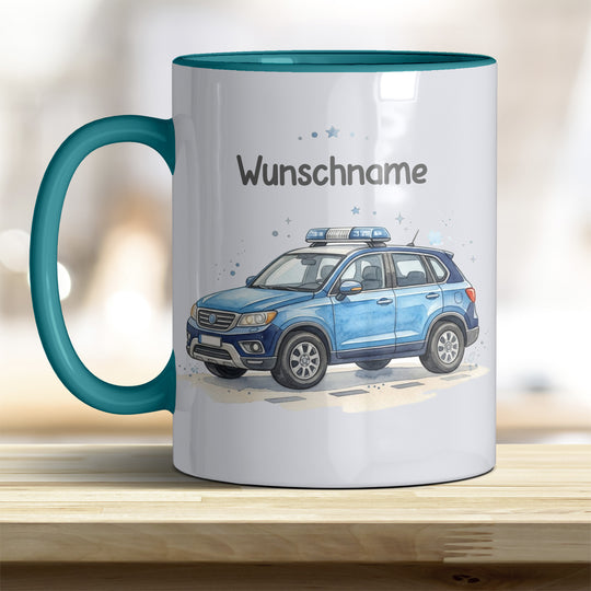 Kindertasse Polizeiauto personalisierbar mit Namen in verschiedenen Farben