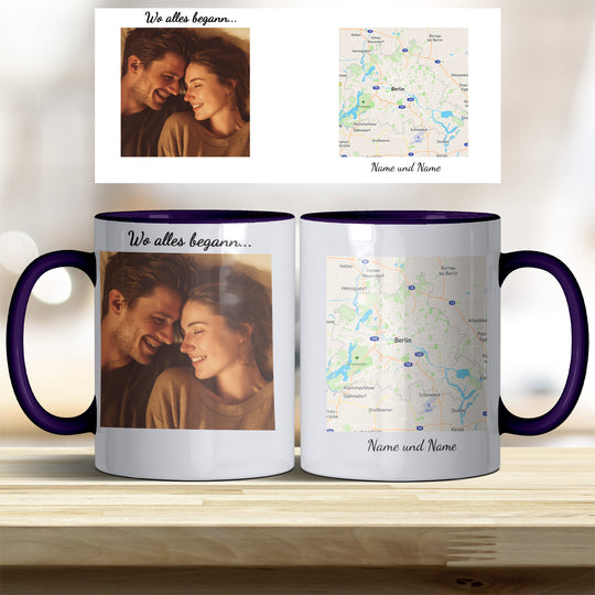 Personalisierte Tasse Wo alles begann – mit Foto, Karte & Namen