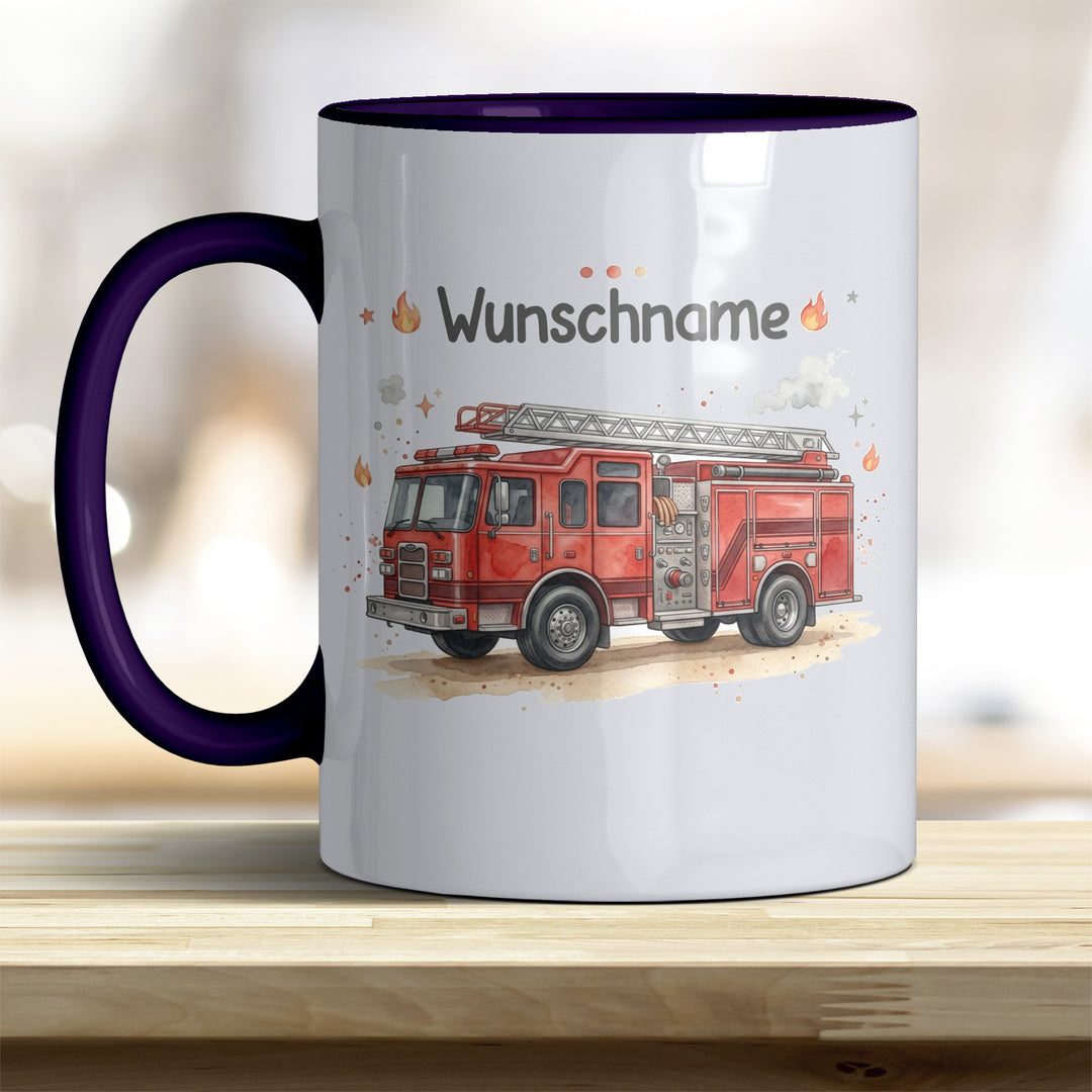 Kindertasse Feuerwehrauto personalisierbar mit Namen in verschiedenen Farben