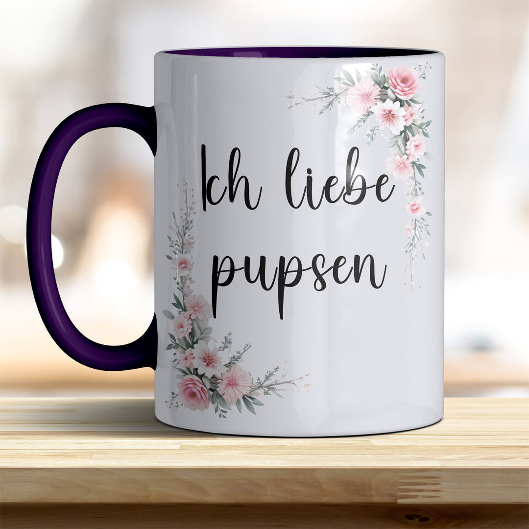 Ich liebe pupsen: Keramik-Kaffeebecher – Humorvoll & Hochwertig - Henkel Innen violett