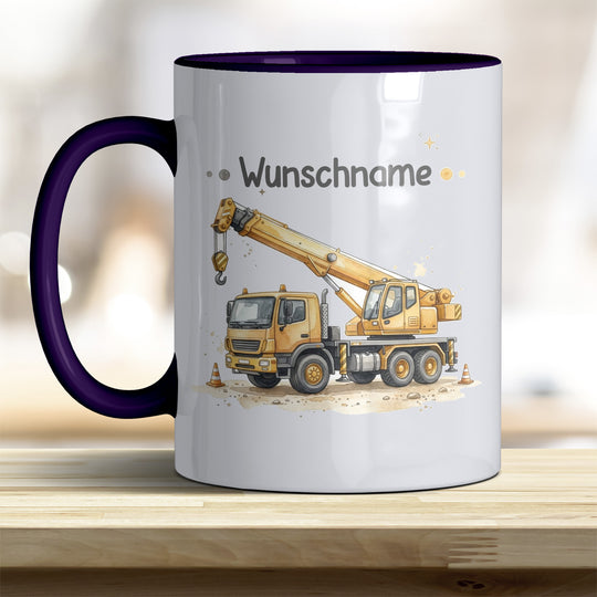Kindertasse Kran personalisierbar mit Namen in verschiedenen Farben