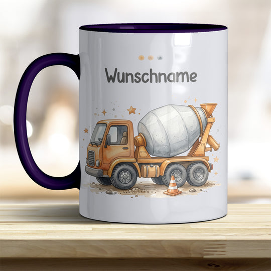 Kindertasse Betonmischer personalisierbar mit Namen in verschiedenen Farben