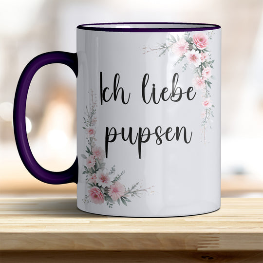 Ich liebe pupsen: Keramik-Kaffeebecher – Humorvoll & Hochwertig - Henkel Rand violett