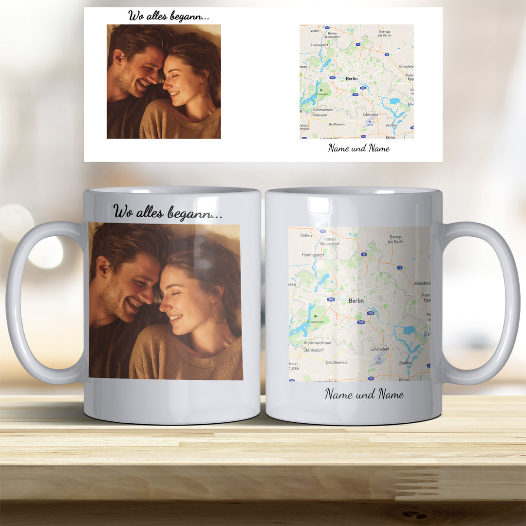 Personalisierte Tasse Wo alles begann – mit Foto, Karte & Namen