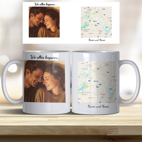 Personalisierte Tasse Wo alles begann – mit Foto, Karte & Namen