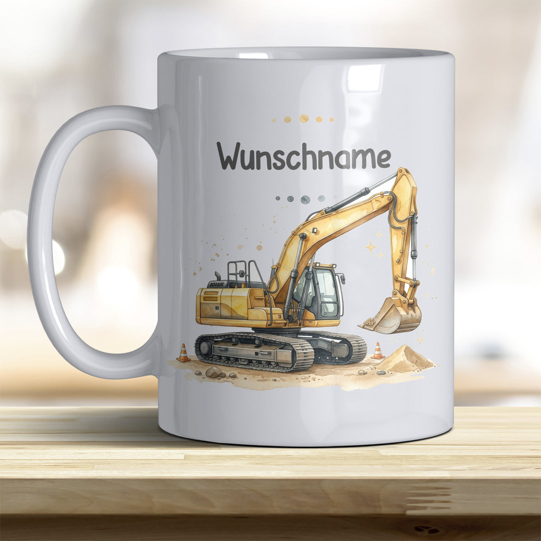 Kindertasse Bagger personalisierbar mit Namen in verschiedenen Farben