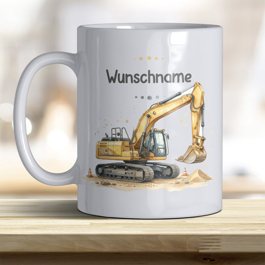 Kindertasse Bagger personalisierbar mit Namen in verschiedenen Farben