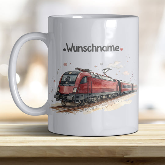 Kindertasse Zug personalisierbar mit Namen in verschiedenen Farben