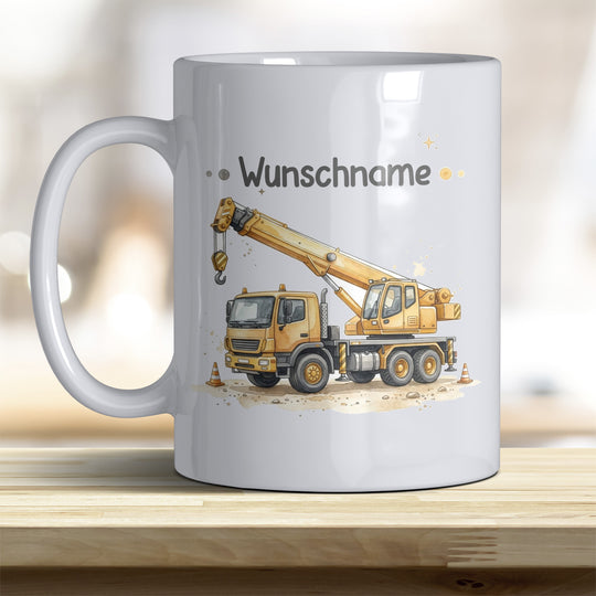 Kindertasse Kran personalisierbar mit Namen in verschiedenen Farben