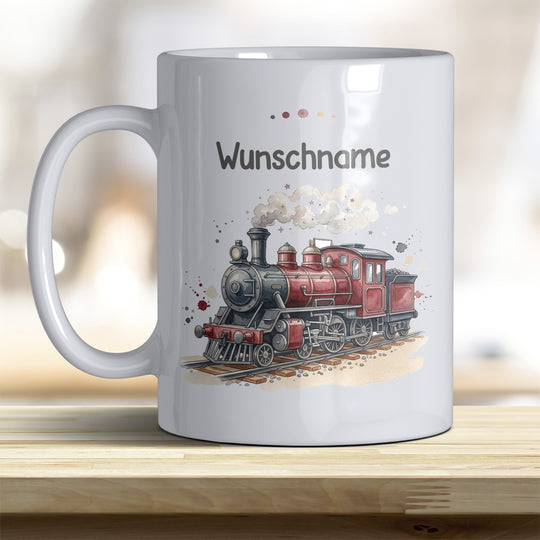 Kindertasse Dampflok personalisierbar mit Namen in verschiedenen Farben